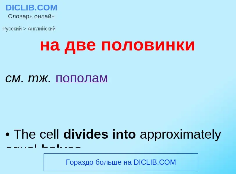 ¿Cómo se dice на две половинки en Inglés? Traducción de &#39на две половинки&#39 al Inglés