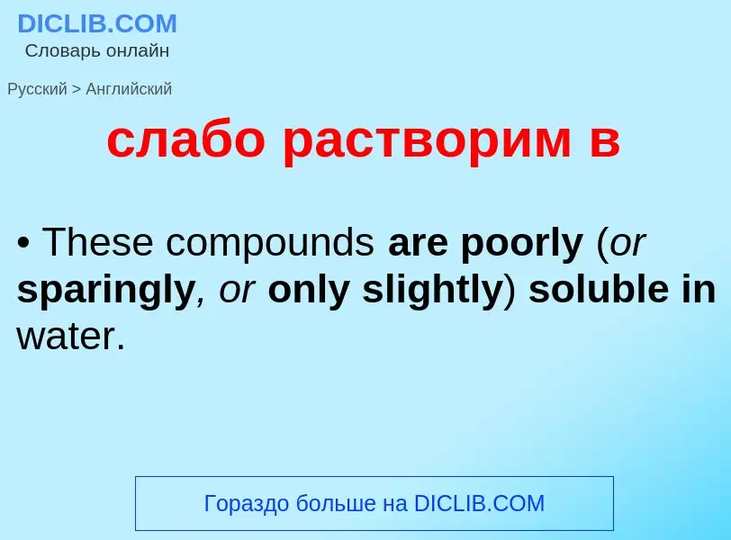 Como se diz слабо растворим в em Inglês? Tradução de &#39слабо растворим в&#39 em Inglês