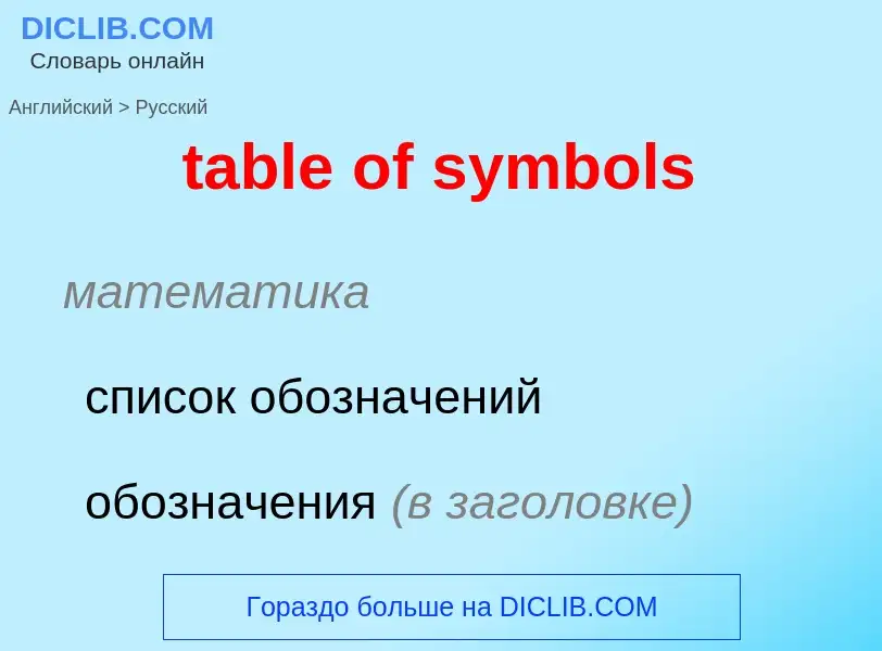 ¿Cómo se dice table of symbols en Ruso? Traducción de &#39table of symbols&#39 al Ruso